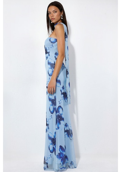 Hiccup Straplez Çiçek Desenli Tül Kuşaklı Bodycon Maxi Elbise Bebek Mavisi