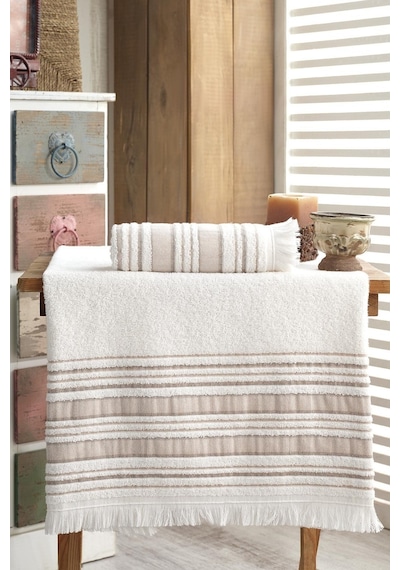 Louis Marie Saçak Detaylı Pamuklu Banyo Havlu Seti 2'li Kahverengi 50 x 90 + 70 x 140 CM Kahverengi