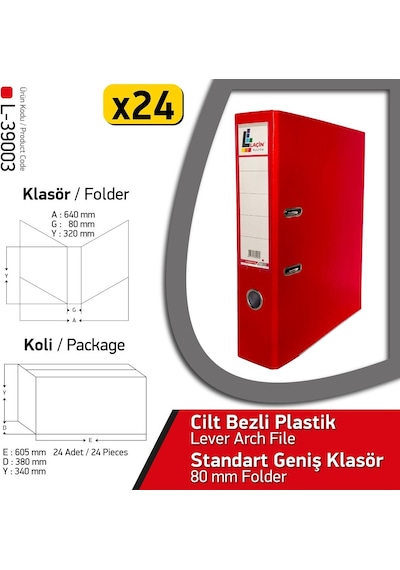 Laçin Klasör Kırmızı Geniş 24 Adet 1 Koli