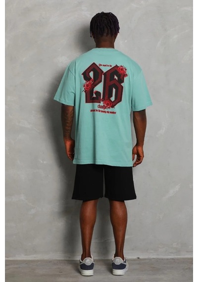 Erkek Baskılı Tişört Kısa Kol Bisiklet Yaka Oversize T-shirt - Mint Yeşili