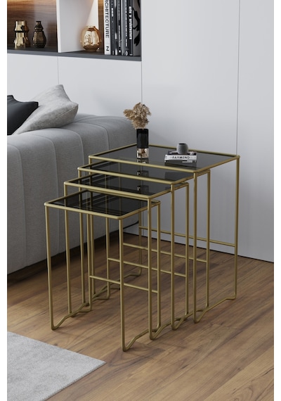 Faymend Mimoza 4 Lü Zigon Sehpa, Metal Sehpa, Cam Sehpa ' Gold - Füme' Eskitme Gold - Füme Cam