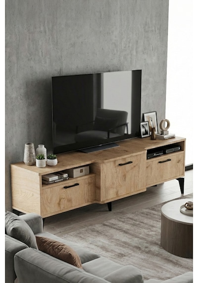 Tv Sehpası 160 Cm Kapaklı Raflı Televizyon Ünitesi Salon Oturma Odası Tv Sehpa Mistral Bej