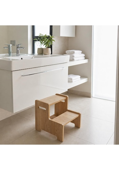 Ahşap Çift Basamaklı Yükseltici Tabure, Çok Amaçlı Ev Ve Banyo Basamağı, Dayanıklı Ahşap Tasarı Kahverengi