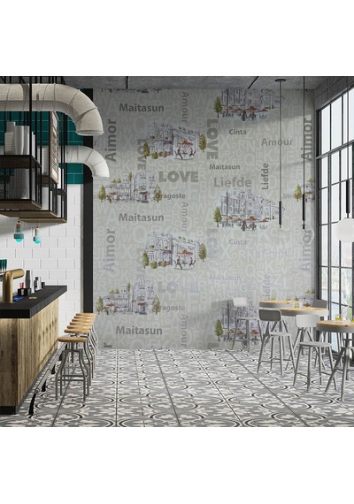 Cafe Harfli Şehirli Krem 16 M2 Duvar Kağıdı 10362-1 Çok Renkli