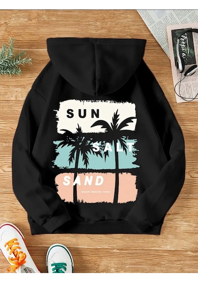 Medinenur Sunsand Desenli 2 İplik İçi Yumuşacık Sweatshirt Siyah