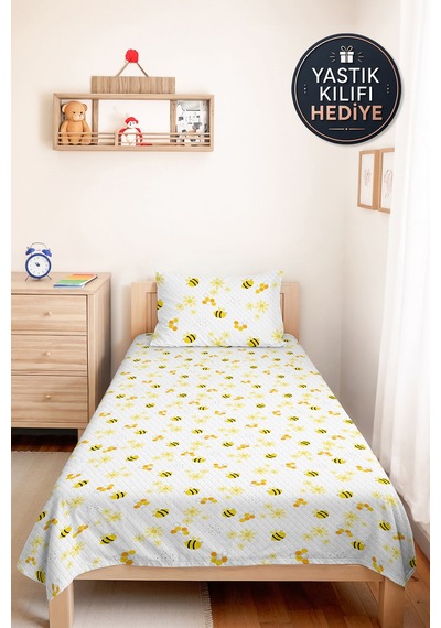 Evimde Bambaşka Arı Ve Çiçek Çocuk Odası Tek Kişilik Pike Takımı - Beyaz Minimal 160x220  CM Kapitone Yatak Örtüsü