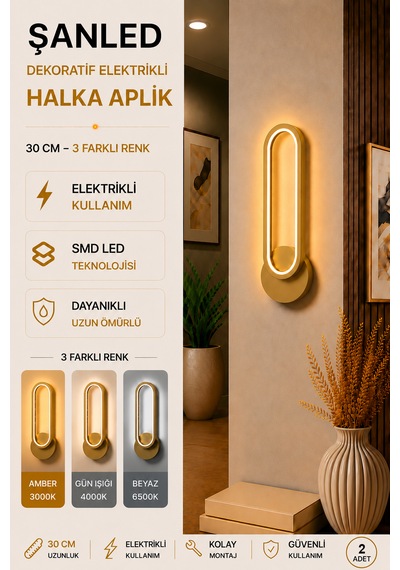 Dekoratif 20w Halka Modeli İç Mekan Gold Kasa 3 Renkli Işık Elektrikli 30 Cm Duvar Aplik 2 Adet