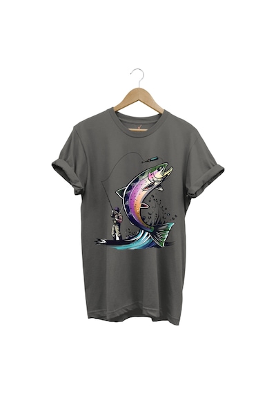 Balık Avı Baskılı Fishing Olta İle Balık Tutmak Turna Levrek Balığı Regular Fit %100 Pamuk Tişört Antrasit