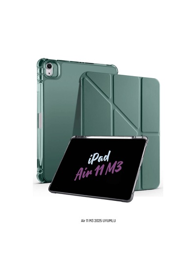 Apple Uyumlu iPad Air 11 İnç 2025 M3 Çip Kalem Bölmeli Standlı Tri Folding Fuchsia Tablet Kılıfı Kapaklı Kılıf