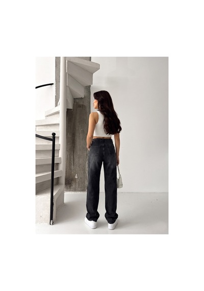 Kene Jeans Siyah İşlemli Yüksek Bel Straight Denim Pantolon Siyah İşlemli