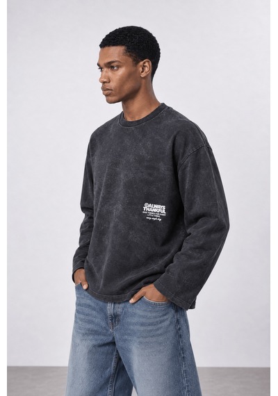 Respire Erkek Always Baskılı Yıkamalı Oversize Long Sleeve Siyah