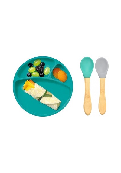 Oioi Silikon Tabak+Bambu Saplı Silikon Kaşık  Yeşil