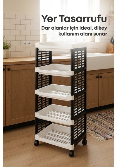 Grimorlife 5 Raflı Banyo Düzenleyici Mutfak Rafı Banyo Dolabı Çok Amaçlı Plastik Mutfak Düzenleyici Siyah