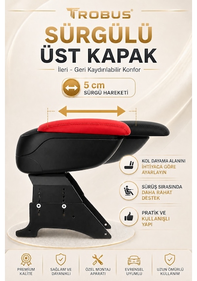 Trobus Mazda 3 2003-2013 Uyumlu Kırmızı Ayaklı Sürgülü Kolçak Ayarlanabilir Yükseklikli