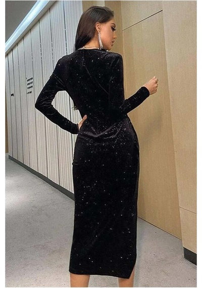 Euro Class Kadın Şık V Yaka Yırtmaçlı Uzun Kollu Abiye Elbise Siyah