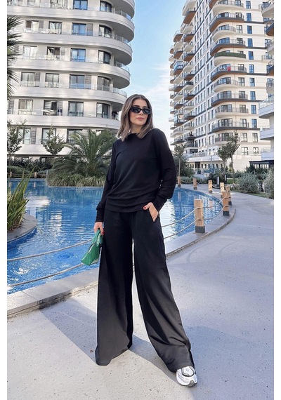 Kadın Siyah Yuvarlak Yaka Sweatshirt & Bol Paça Beli Lastikli Pantolon - Rahat Alt & Üst Takım Siyah