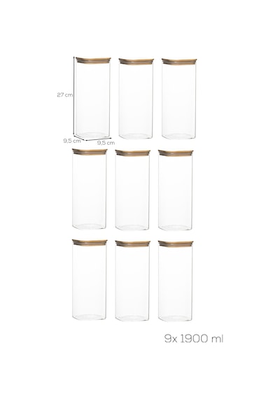 Porsima 7-3 Bambu Vakumlu Kapaklı Kare Borsilikat Cam 9lu Kavanoz Seti Saklama Kabı 1900ml 9,5x27cm Ahşap - Beyaz