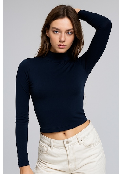 Rich Kadın Lacivert Yarım Balıkçı Yaka Uzun Kollu Crop Bluz Lacivert