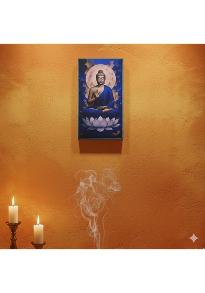 Lotus Üzerinde Buddha Ahşap Tablo - Zen & Meditasyon Duvar Dekoru - 16x28 Cm Özel Baskı Spiritüel Sanat