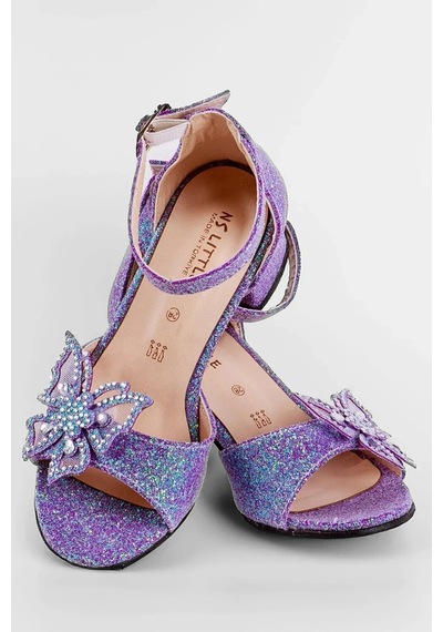 Nese Shoes Kelebekli Kız Çocuk Topuklu Ayakkabı, Simli Abiye Ayakkabı Mor