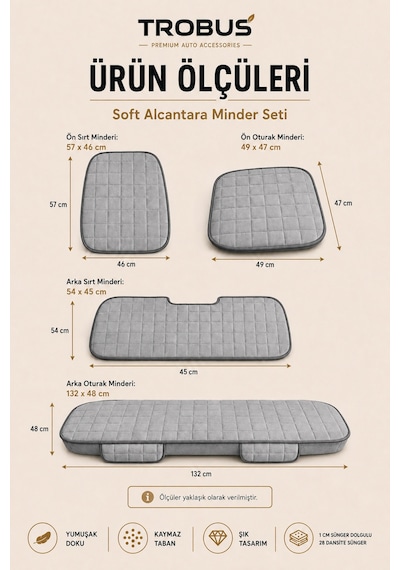 Opel Astra 2000-2004 Üniversal Soft Alkantra Kare Desen 7 Parça Oto Koltuk Minderi Gri