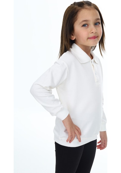 Kız Çocuk Regular Fit Polo Yaka Düşük Omuz Nakış Baskılı Sweatshirt - 2 İplik Ekru