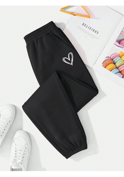 Kalp Logo Eşofman Altı Jogger - Siyah Baskılı Lastik Paça Yüksek Bel Siyah