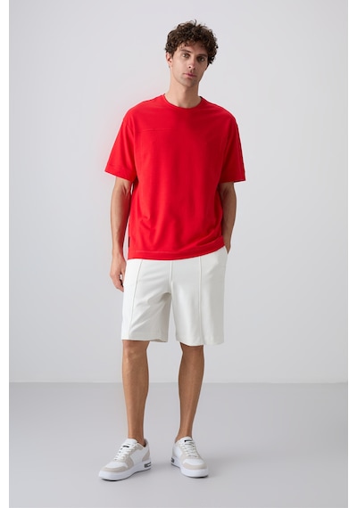 Tommy Life Fiesta Pamuklu Kalın Yumuşak Dokulu Oversize Fit Basic Erkek T-shirt - 88349 Kirmizi