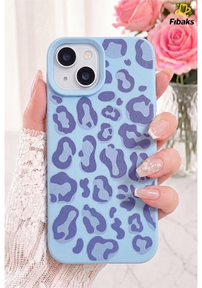 Fibaks iPhone 13/14/15 Uyumlu Kılıf Mavi Leopar Şık Tasarımlı Premium İnce Soft Silikon