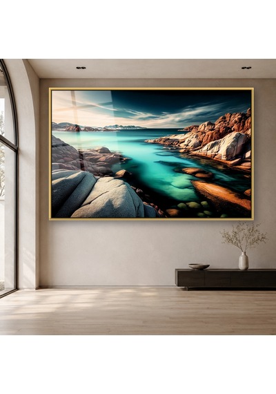 Kayalık Koyda Turkuaz Deniz Gold Çerçeveli Cam Tablo