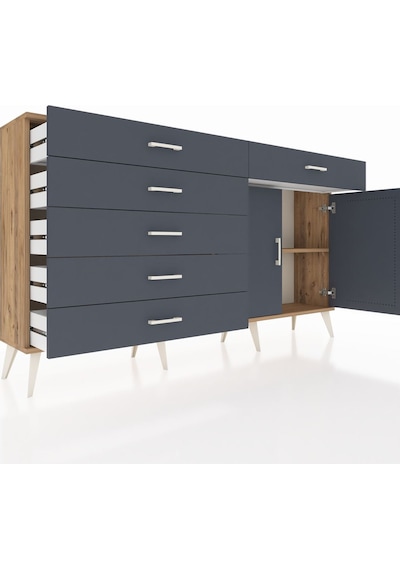 Arges Konsol Tek Raflı 6 Çekmeceli 2 Kapaklı 176x30x99 Çam-antras Çam-antrasit