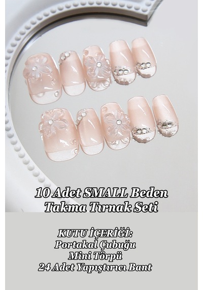 Small Beden Kısa Takma Tırnak Çiçek Charm 10 Adet Takma Tırnak Seti T068 3d Çiçek