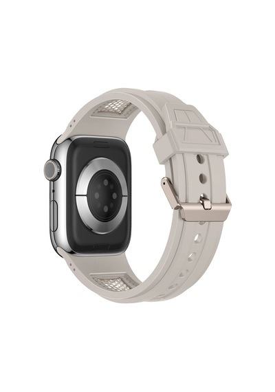 Apple Uyumlu Watch  7 45mm Mkst Krd-117 Hava Alabilen Delikli Metal Süslemeli Desenli Silikon Kordon-titanyu
