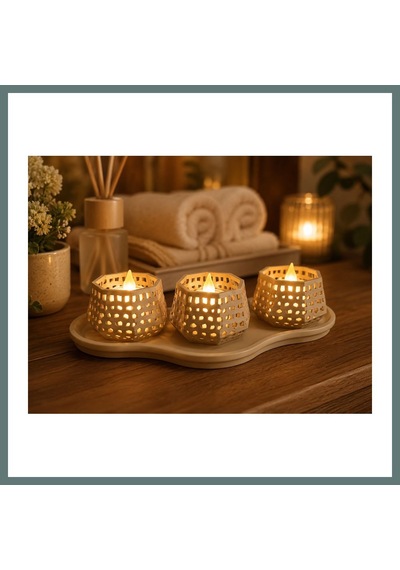 Bezos 3d Baskı Dekoratif Mumluk Seti - Desenli Tealight Ve Masaüstü Aydınlatma Objesi-bej Ventra