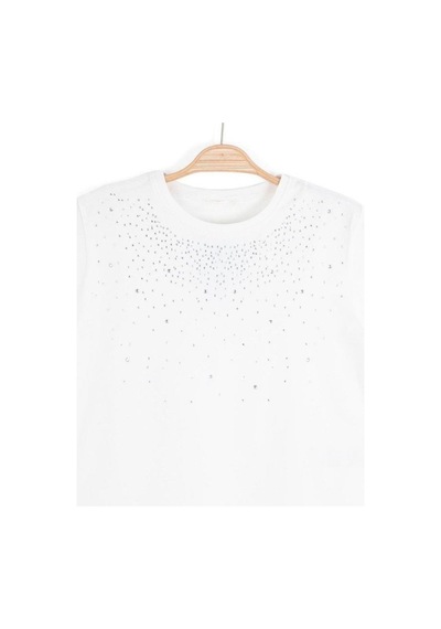 Zekids Kız Çocuk Taş İşlemeli Pamuklu T-shirt-16310 Ekru