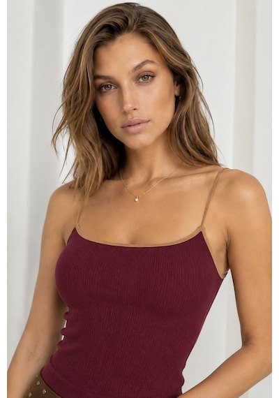 Neden Tekstil Kontrast Şeritli Triko Atlet Body - Bordo-camel