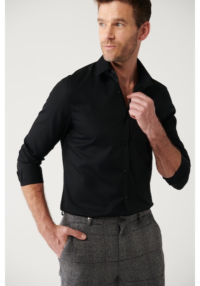 Avva Erkek Siyah Gömlek Klasik Yaka %100 Pamuk Saten Slim Fit Dar Kesim  B002006 Siyah