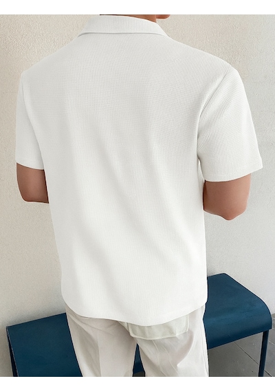 Genius Store Erkek Oversize Polo Yaka Waffle T-shirt Poloyaka-düğmeli Beyaz