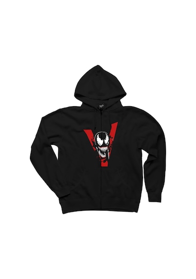 Venom V Siyah Fermuarlı Kapşonlu Sweatshirt Siyah