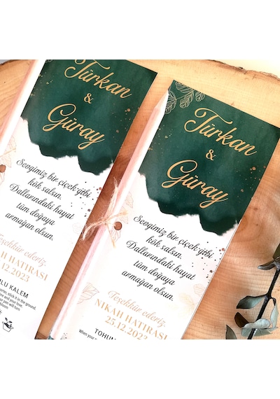 Yeşil Gold Detaylı Söz Nişan Nikah Hediye Tohumlu Kalem 30 Adet
