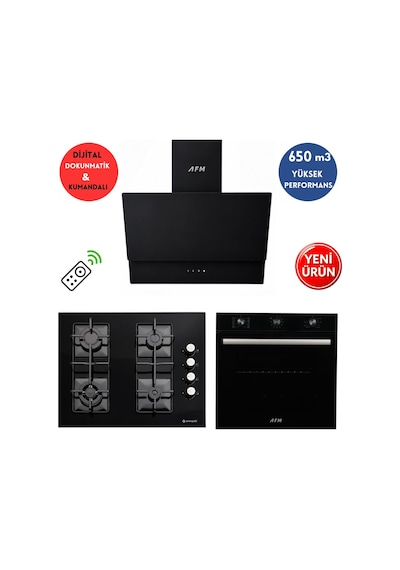 Eminçelik & AFM A52 FM7600 + 1240B Wok + Dijital FM3400 Turbo + Soğutma Siyah Ankastre Set