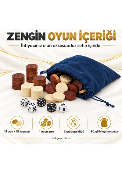 Büyük Boy Doğal Ahşap Tavla Ve Dama Seti Siyah At Desenli Katlanabilir Hediyelik & Dekoratif Set