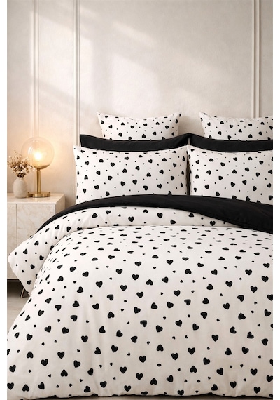 More Home Tek Kişilik Yorgan Kılıfı + Yastık Kılıfı Kalp Desenli Beyaz Siyah