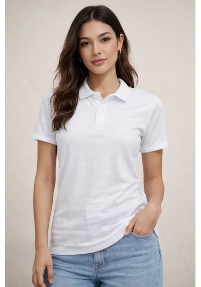 Efnaz Style Polo Yaka Pike Kumaş Düğmeli Basic Tişört T-shirt Günlük Rahat - Beyaz