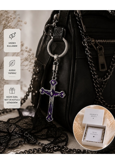 Mor Gotik Haç Anahtarlık Unisex Vintage Stil Çanta Ve Anahtar Aksesuarı