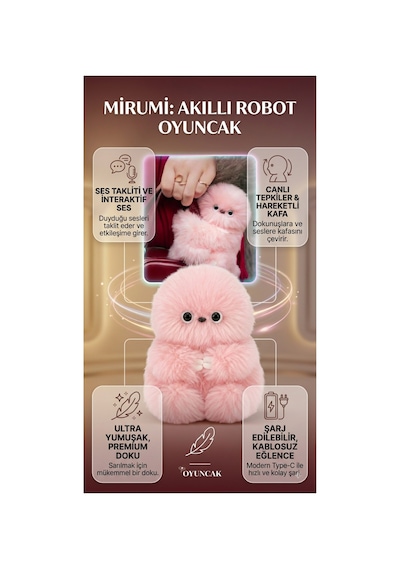 Pembe Mirumi Akıllı Peluş Robot Oyuncak - Ses Algılayan Dokunmaya Duyarlı Çantaya Tutunan İnteraktif Peluş