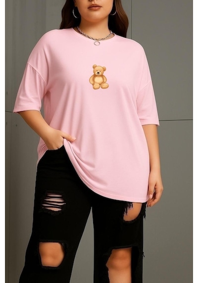 Büyük Beden Ayıcık Baskılı Unisex Tişört Pembe