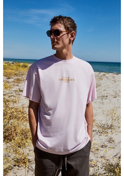 Grımelange Copacabana Erkek Ön Arka Çatlayan Baskı Detaylı %100 Organik Pamuk Oversize Kısa Kollu Pembe T-shirt