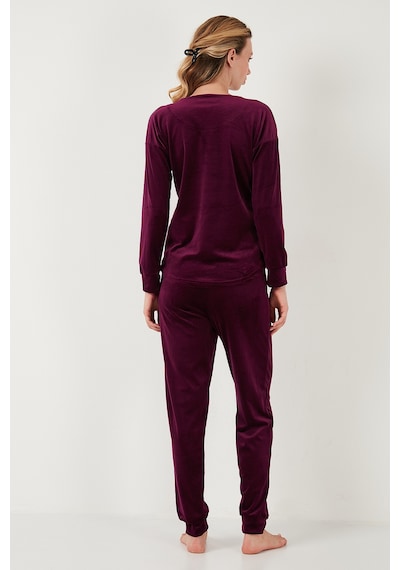 Lela Standart Fit Bisiklet Yaka Yumuşak Kadife Bayan Pijama Takımı 6094202 Mor