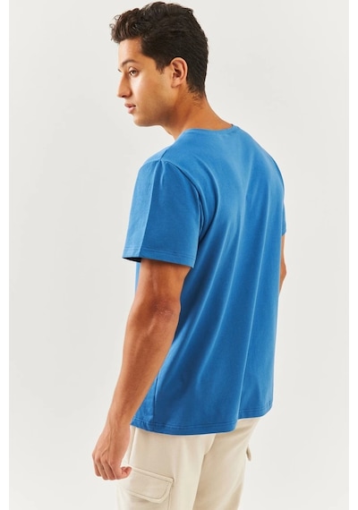 Erkek Oversize Rahat %100 Pamuklu Penye Bisiklet Yaka Kısa Kol Basic T-shirt Classic Collection Mavi